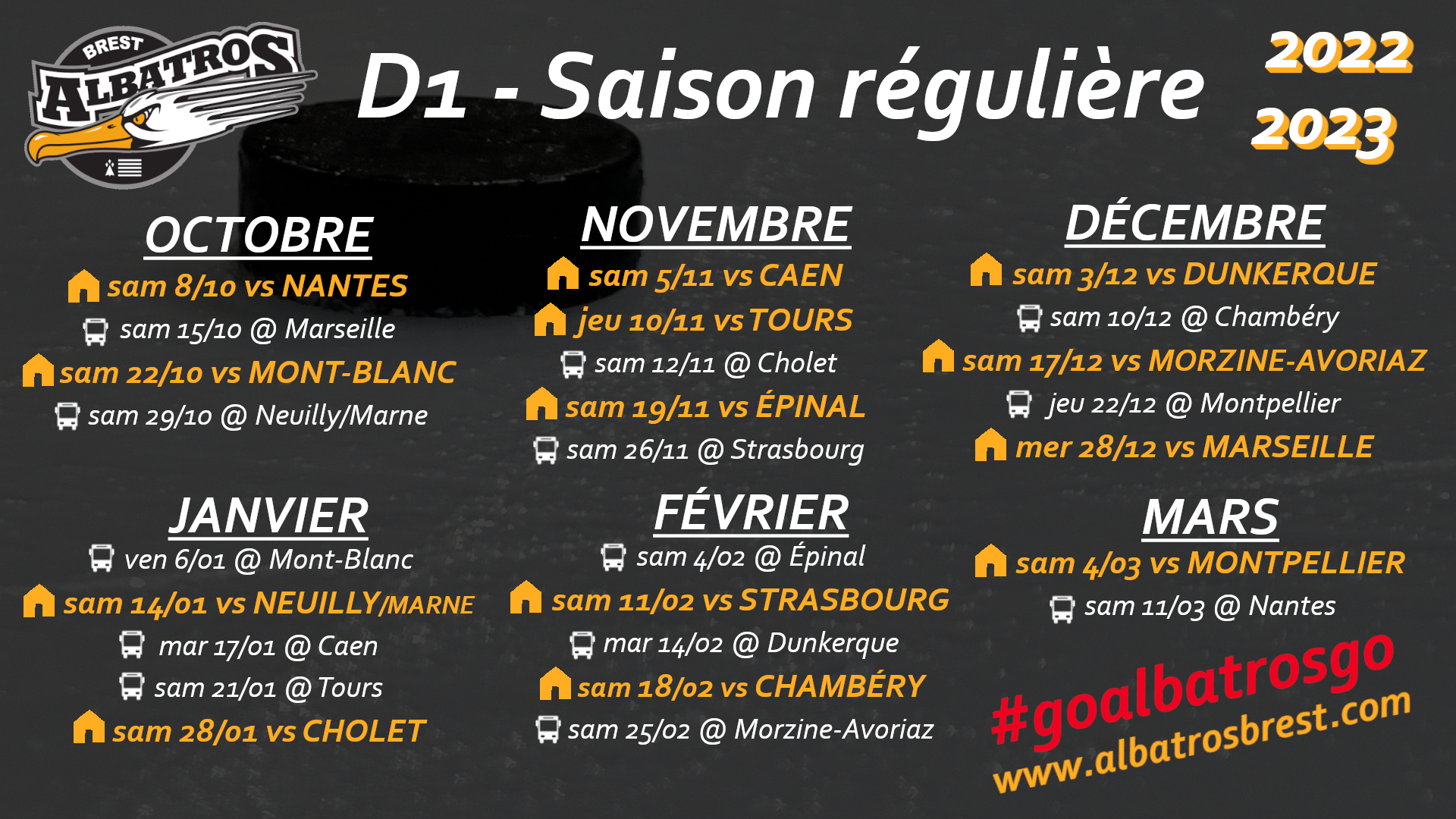 Calendrier Alabtros Saison Régulière 2022-2023