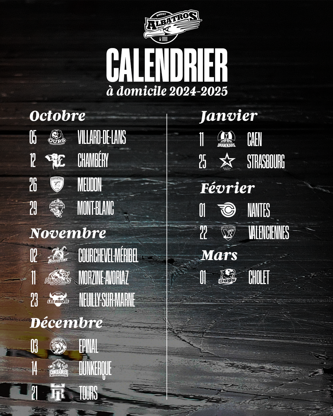 Albatros de Brest - Hockey sur glace - Division 1 - Calendrier domicile 2024-20