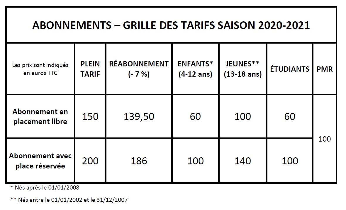 Grille des tarifs