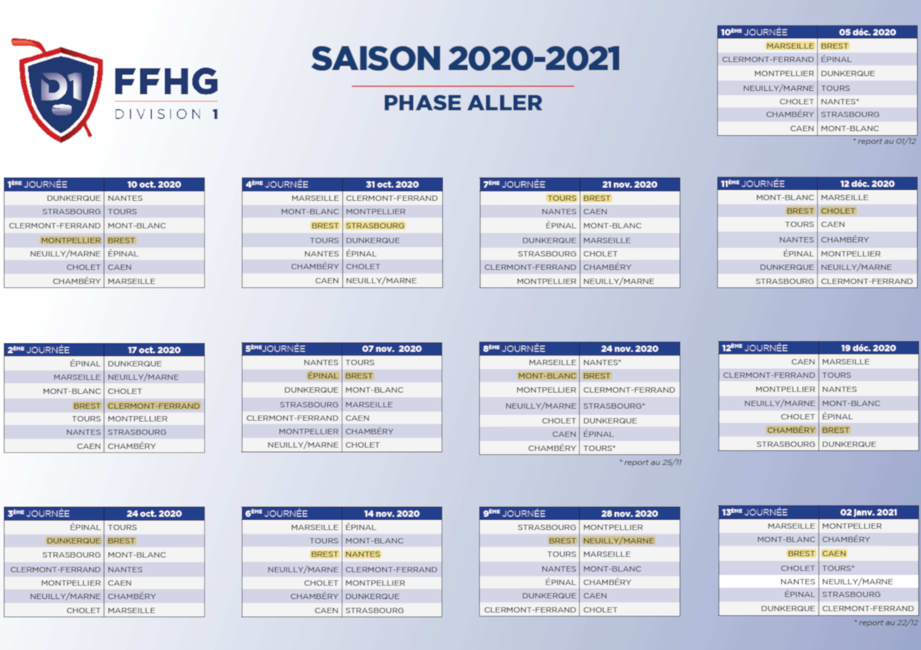 Calendrier D1 2020-2021 phase aller 