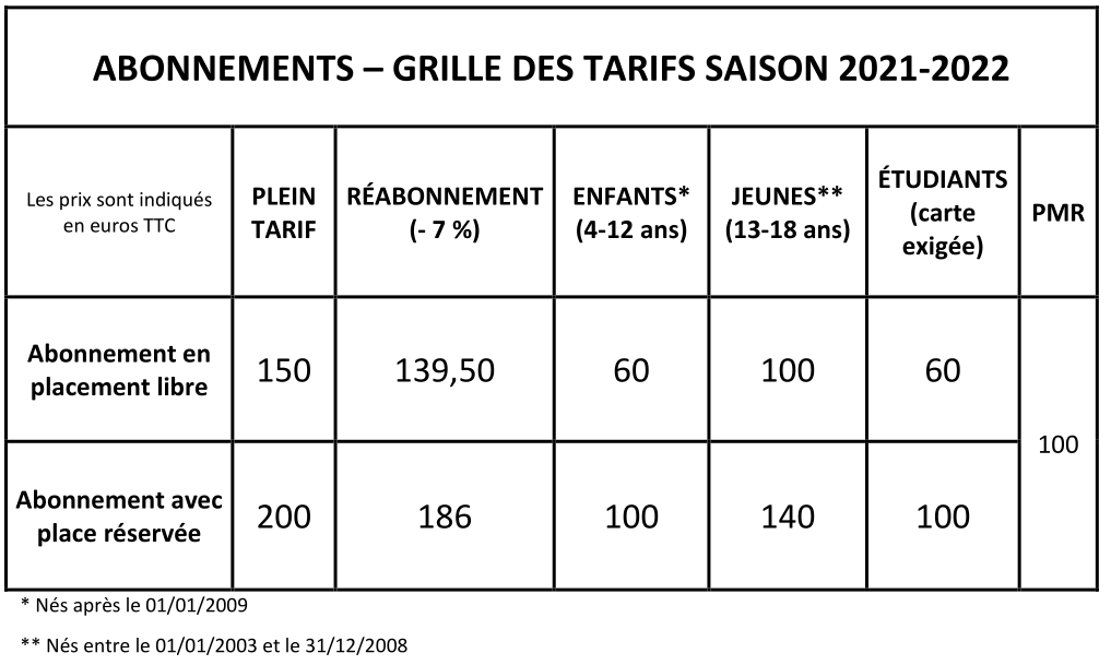 Grille des tarifs 2021-2022