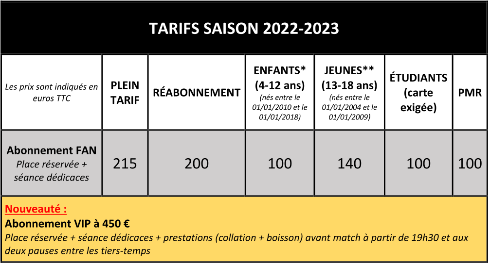 Grille des tarifs 2022-2023