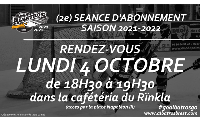 ABONNEMENT 2021-2022 : RDV LUNDI 4 OCTOBRE DE 18h30 À 19h30 au Rïnkla !