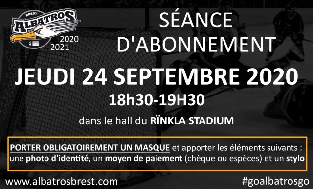 ABONNEMENT 2020-2021 : RDV JEUDI 24 SEPTEMBRE DE 18h30 À 19h30 au Rïnkla Stadium