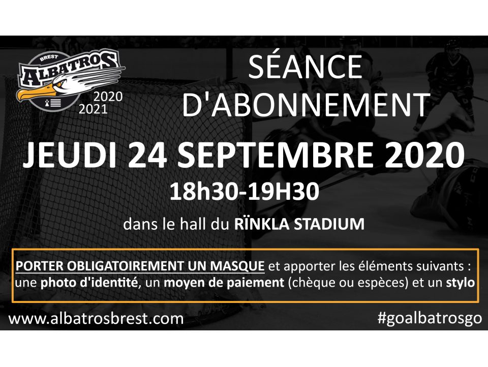 ABONNEMENT 2020-2021 : RDV JEUDI 24 SEPTEMBRE DE 18h30 À 19h30 au Rïnkla Stadium